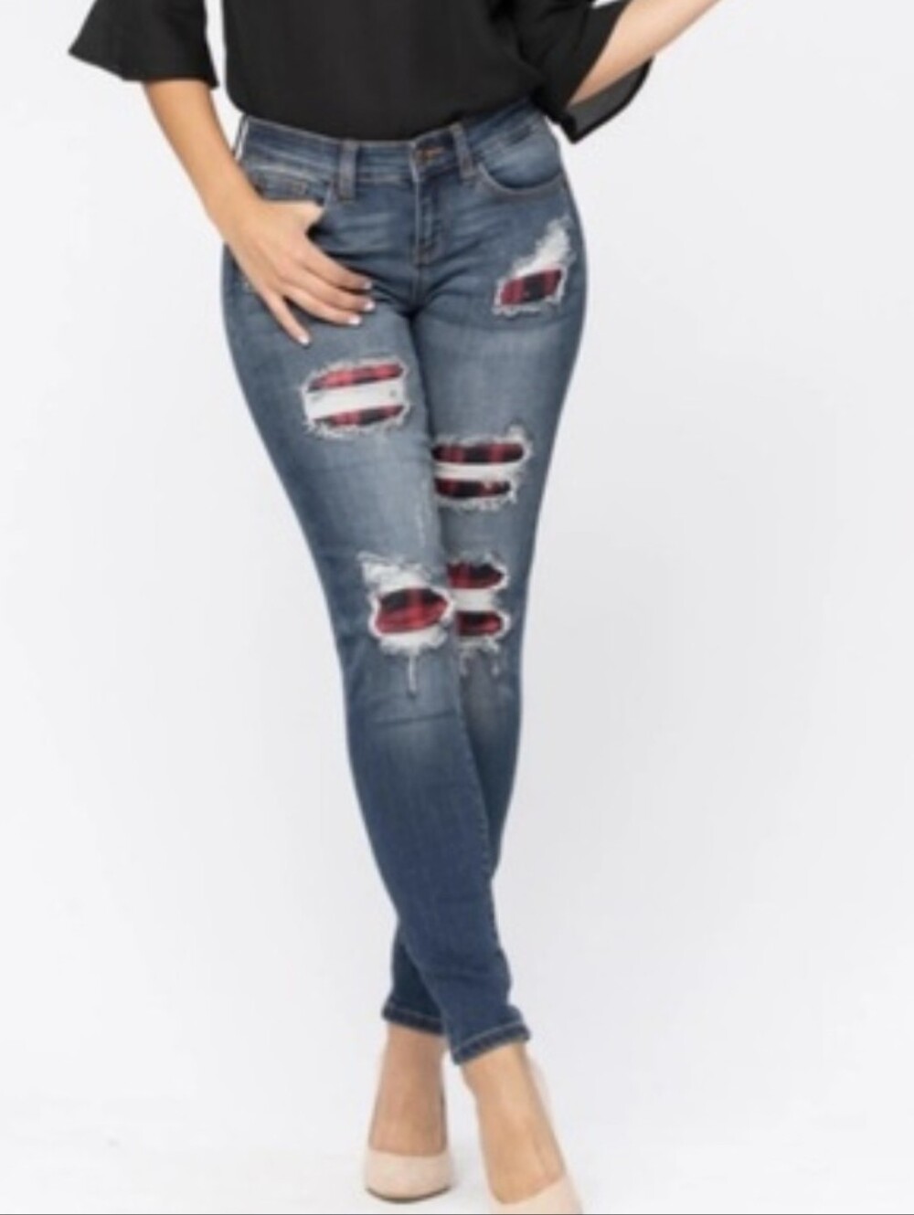 Judy Blue Buffalo Plaid Patched Distressed Mid-Rise Skinny Jeans - Size 9/29